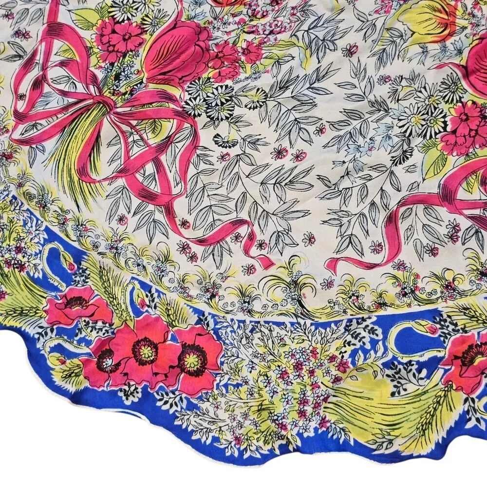 VTG Silk Round Floral Hankerchief Scalloped Edge Blue Pink Rare 40 In Rolled Hem